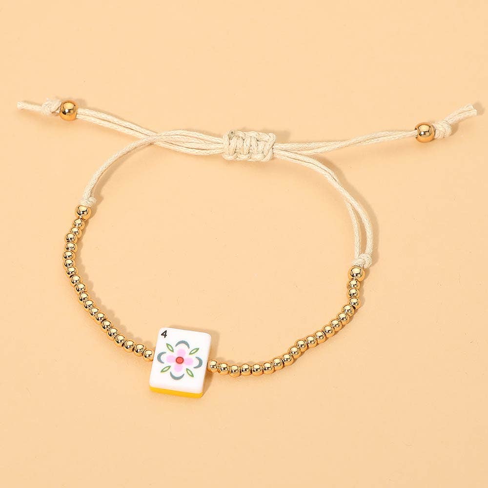 Decorative Mahjong Charm Beaded Adjustable Cinch Pull Tie Bracelet