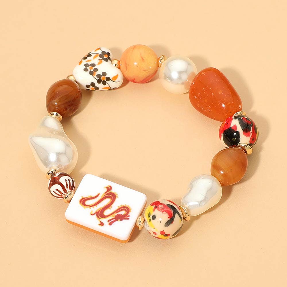Chunky Decorative Mahjong Charm Pearl Floral Heart Beaded Stretch Bracelet