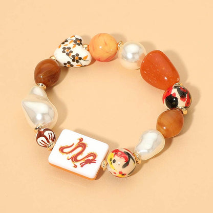 Chunky Decorative Mahjong Charm Pearl Floral Heart Beaded Stretch Bracelet