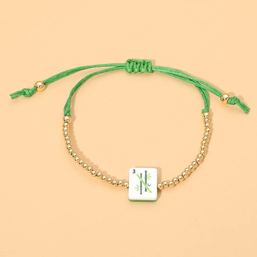 Decorative Mahjong Charm Beaded Adjustable Cinch Pull Tie Bracelet