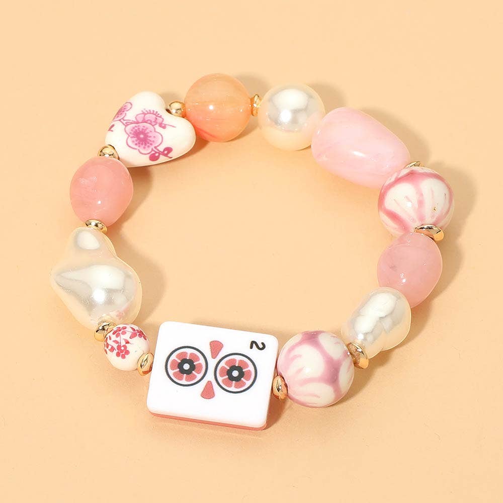 Chunky Decorative Mahjong Charm Pearl Floral Heart Beaded Stretch Bracelet