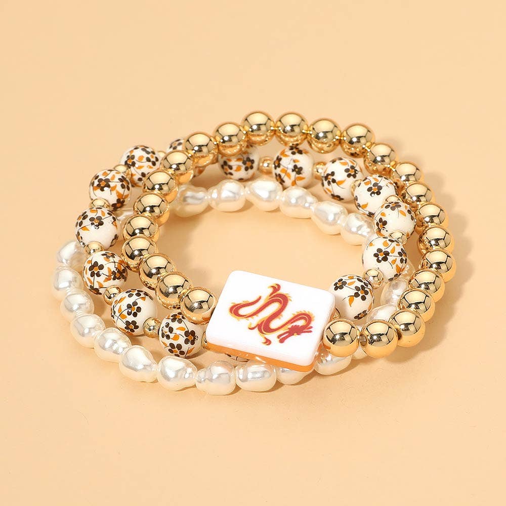 3PCS - Mahjong Charm Accent Floral Pearl Beaded Stretch Multi Layered Bracelets
