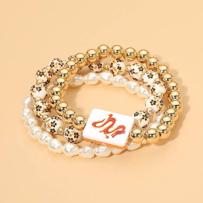 3PCS - Mahjong Charm Accent Floral Pearl Beaded Stretch Multi Layered Bracelets
