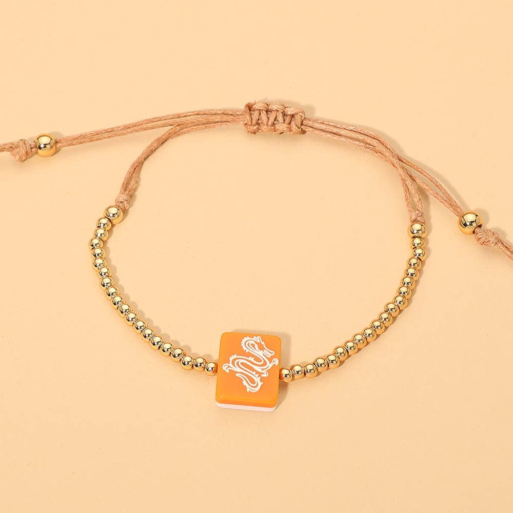 Decorative Mahjong Charm Beaded Adjustable Cinch Pull Tie Bracelet