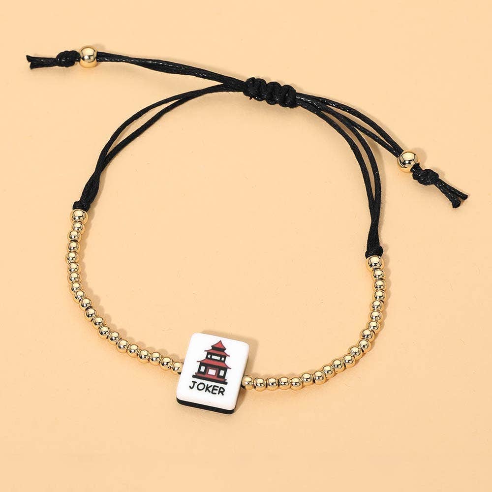 Decorative Mahjong Charm Beaded Adjustable Cinch Pull Tie Bracelet