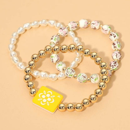3PCS - Mahjong Charm Accent Floral Pearl Beaded Stretch Multi Layered Bracelets