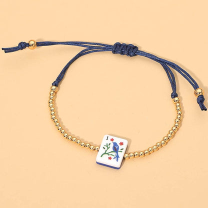 Decorative Mahjong Charm Beaded Adjustable Cinch Pull Tie Bracelet