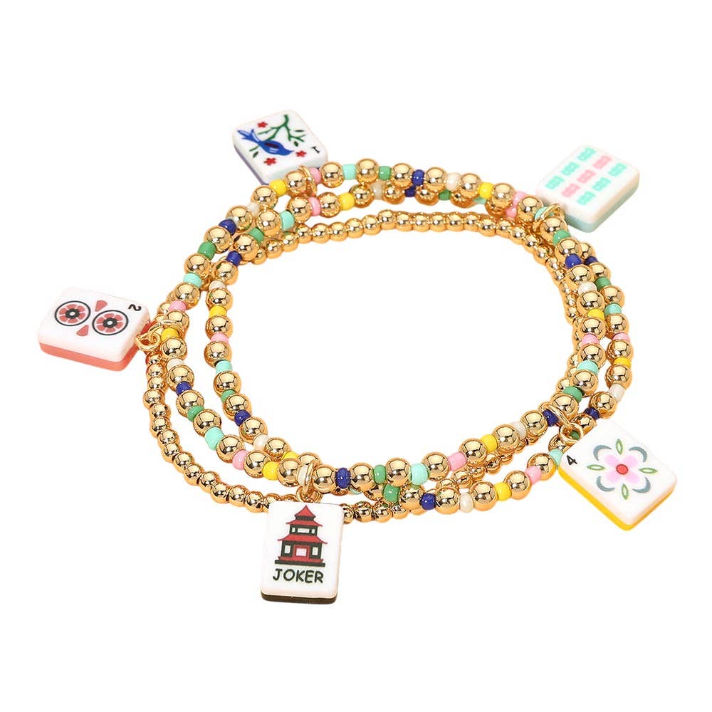 3PCS - Mahjong Charm Beaded Stretch Multi Layered Bracelets