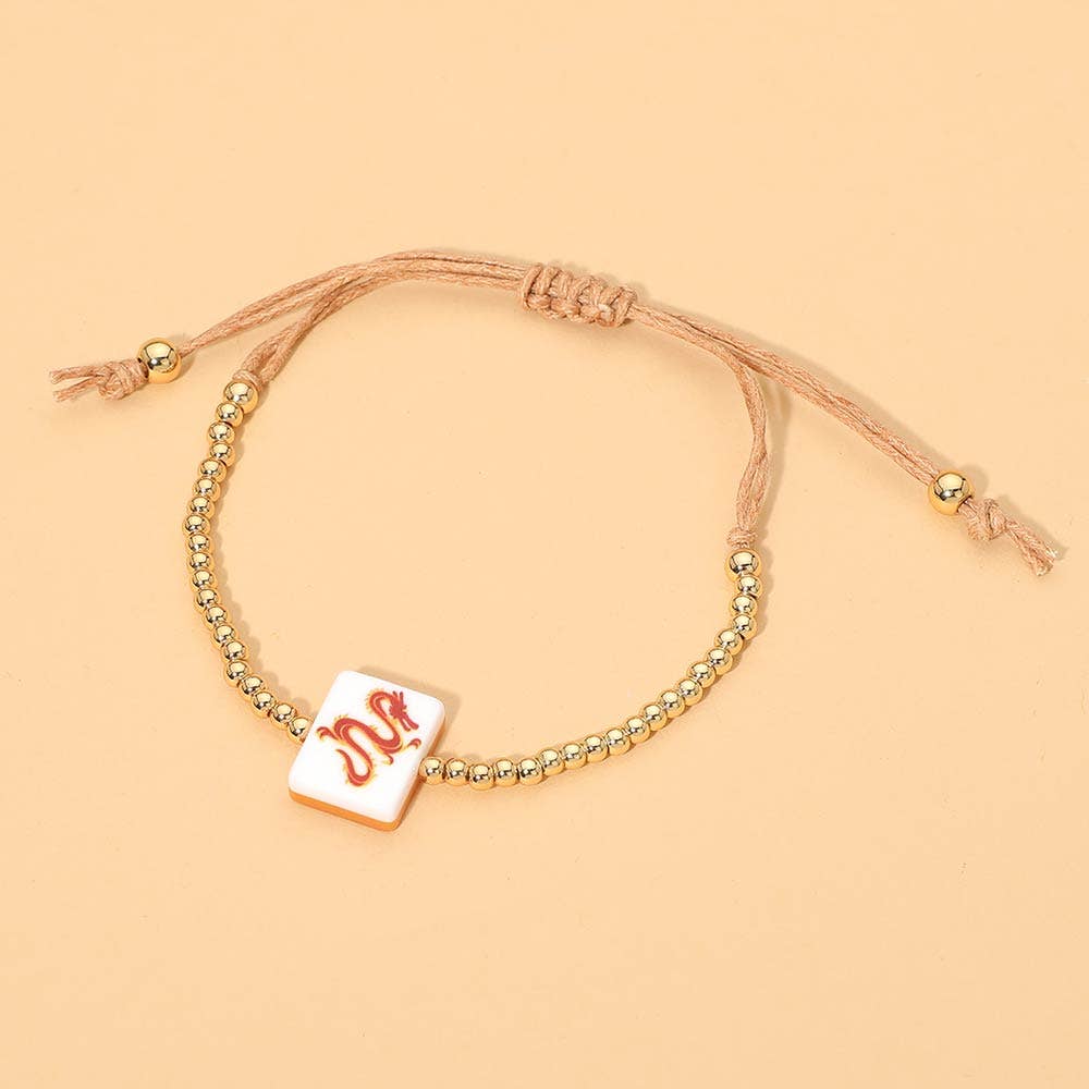 Decorative Mahjong Charm Beaded Adjustable Cinch Pull Tie Bracelet