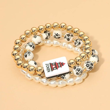 3PCS - Mahjong Charm Accent Floral Pearl Beaded Stretch Multi Layered Bracelets