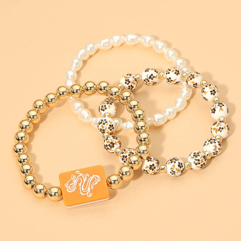 3PCS - Mahjong Charm Accent Floral Pearl Beaded Stretch Multi Layered Bracelets
