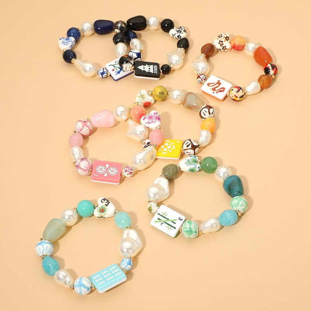 Chunky Decorative Mahjong Charm Pearl Floral Heart Beaded Stretch Bracelet