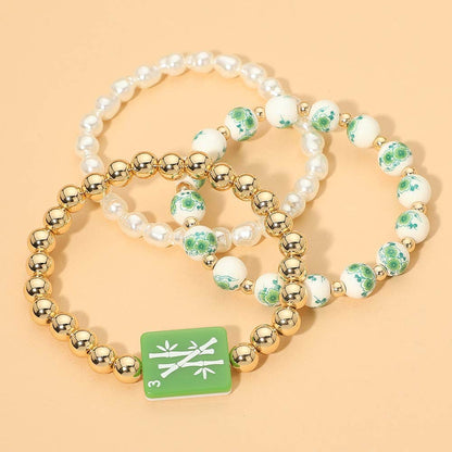 3PCS - Mahjong Charm Accent Floral Pearl Beaded Stretch Multi Layered Bracelets