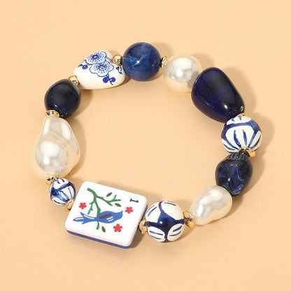 Chunky Decorative Mahjong Charm Pearl Floral Heart Beaded Stretch Bracelet