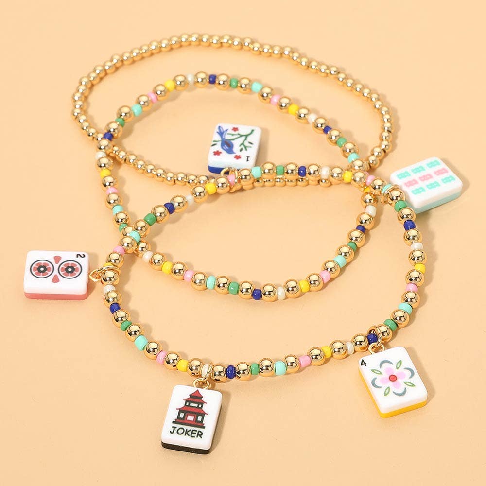 3PCS - Mahjong Charm Beaded Stretch Multi Layered Bracelets