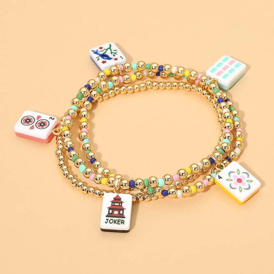 3PCS - Mahjong Charm Beaded Stretch Multi Layered Bracelets