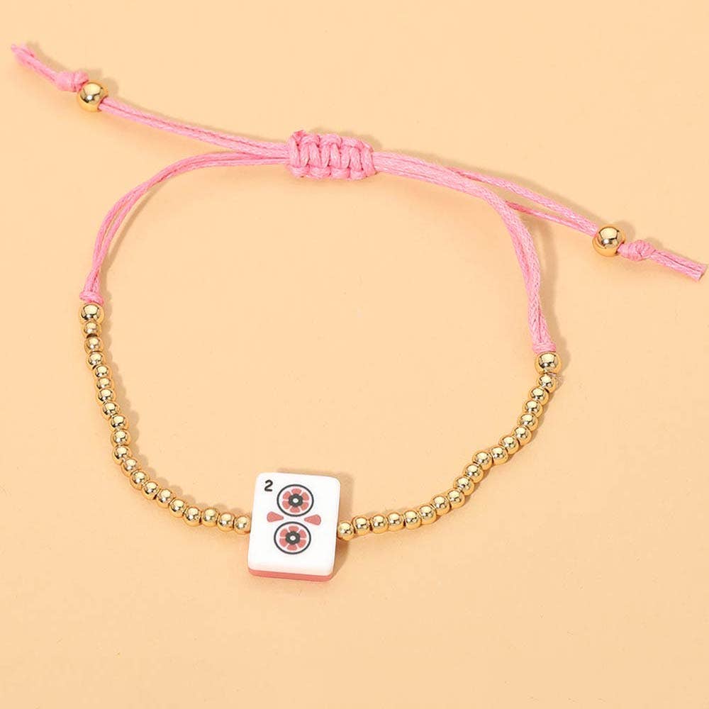 Decorative Mahjong Charm Beaded Adjustable Cinch Pull Tie Bracelet