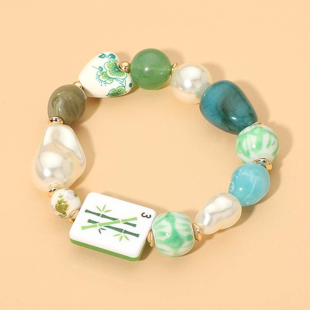 Chunky Decorative Mahjong Charm Pearl Floral Heart Beaded Stretch Bracelet