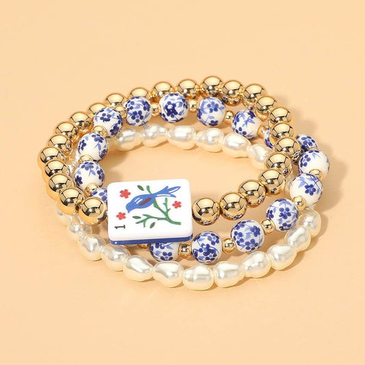 3PCS - Mahjong Charm Accent Floral Pearl Beaded Stretch Multi Layered Bracelets