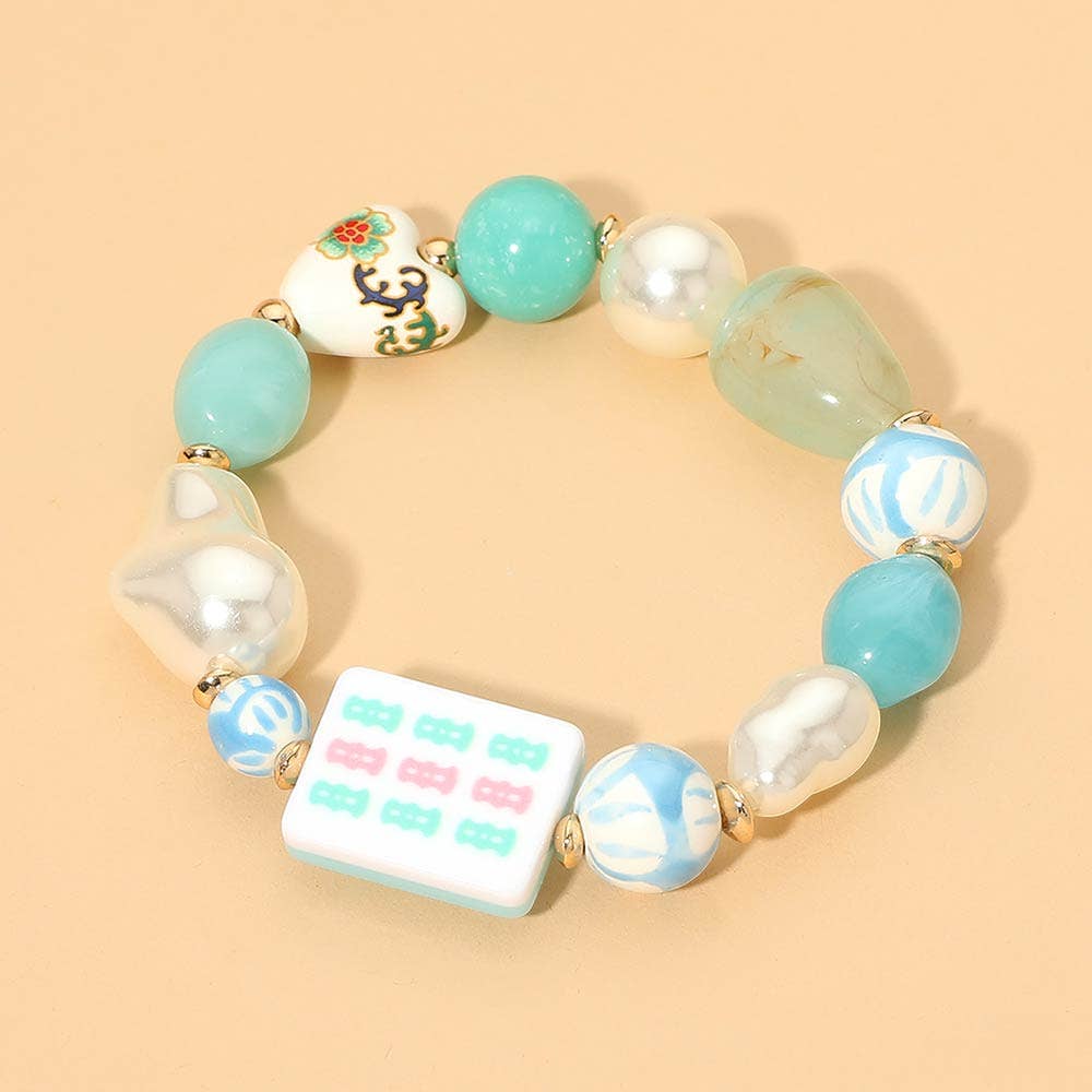 Chunky Decorative Mahjong Charm Pearl Floral Heart Beaded Stretch Bracelet