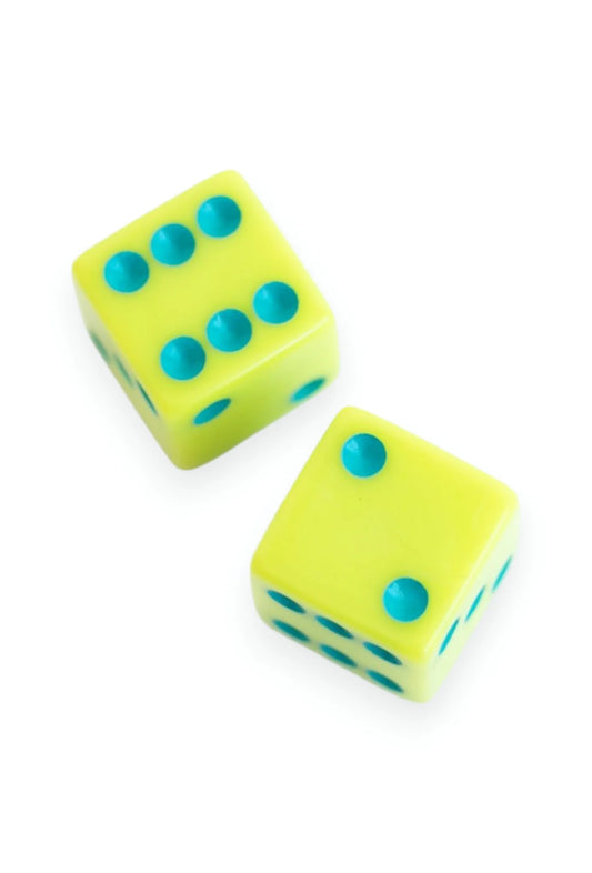 PEACE LOVE MAHJONG LIME DICE WITH TEAL DOTS