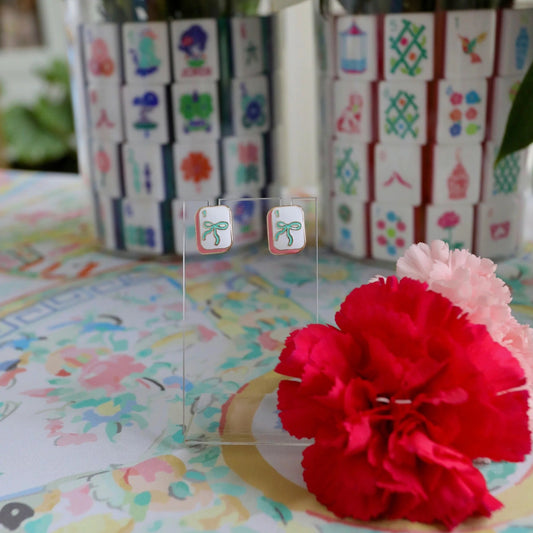 Troop Mahjong One Bow Bam Tile Stud Earrings