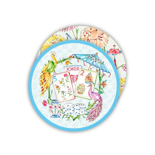 Mahjong Tiles with Colorful Peacocks & Flowers Round Coaster