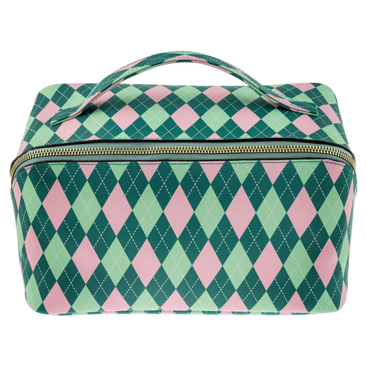 Argyle print storage bag - pink and green