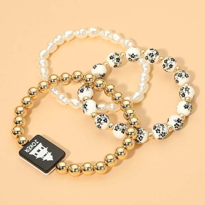 3PCS - Mahjong Charm Accent Floral Pearl Beaded Stretch Multi Layered Bracelets