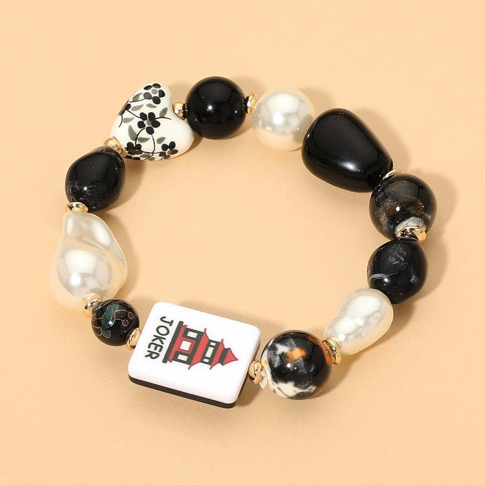 Chunky Decorative Mahjong Charm Pearl Floral Heart Beaded Stretch Bracelet