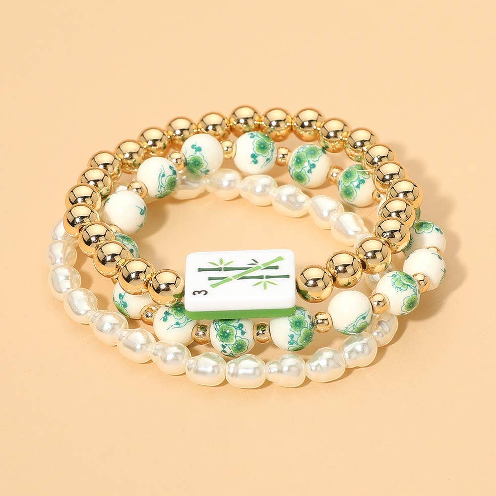 3PCS - Mahjong Charm Accent Floral Pearl Beaded Stretch Multi Layered Bracelets