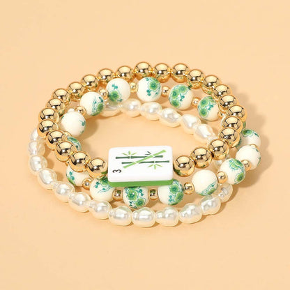 3PCS - Mahjong Charm Accent Floral Pearl Beaded Stretch Multi Layered Bracelets