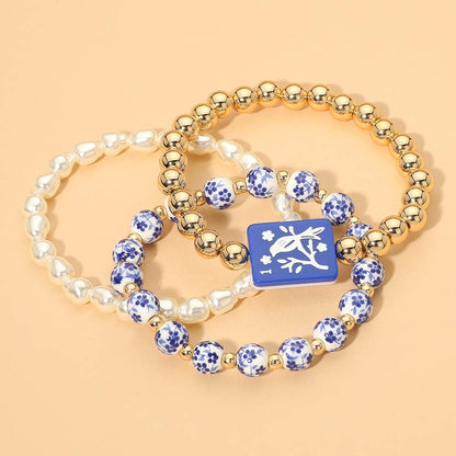 3PCS - Mahjong Charm Accent Floral Pearl Beaded Stretch Multi Layered Bracelets