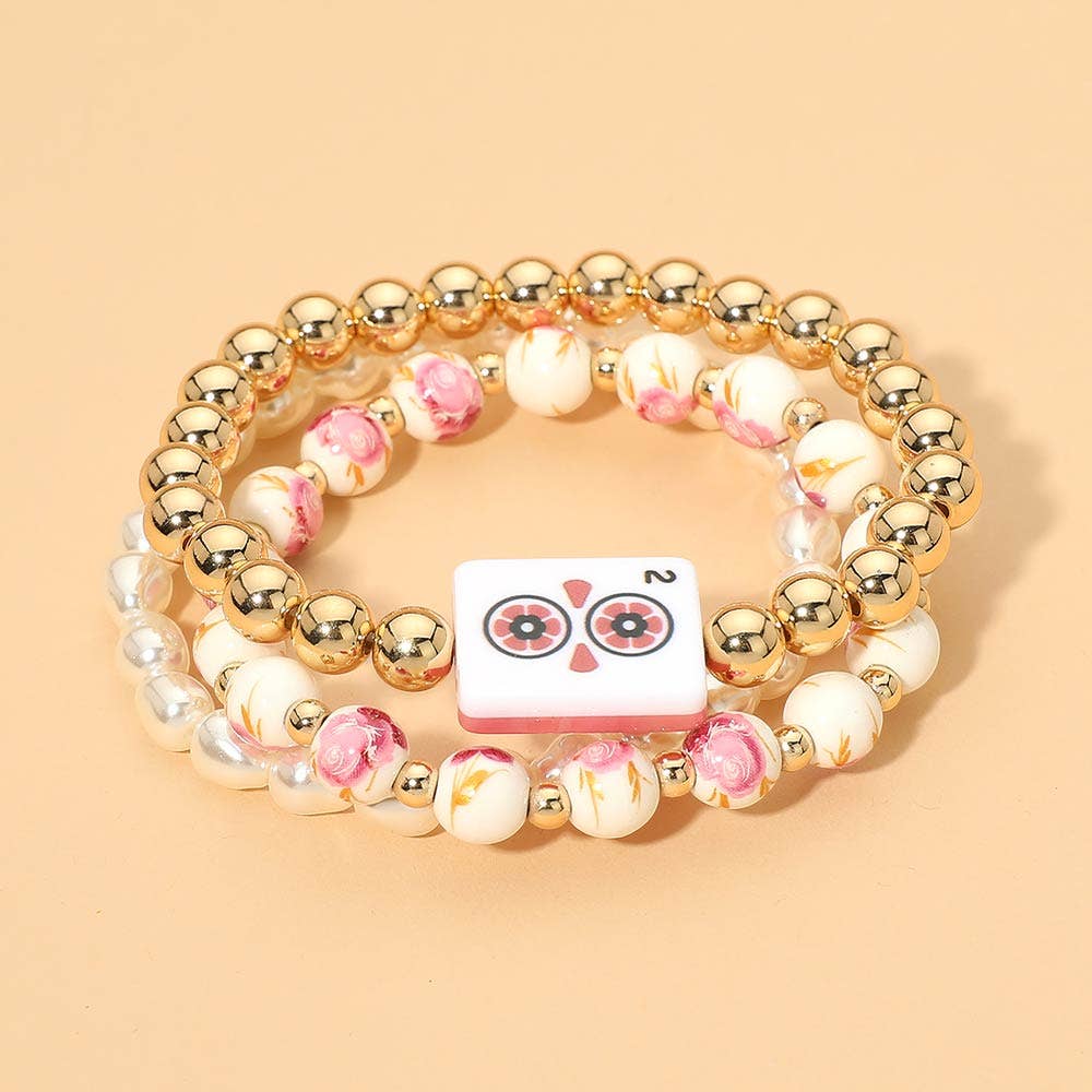 3PCS - Mahjong Charm Accent Floral Pearl Beaded Stretch Multi Layered Bracelets
