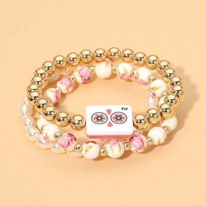 3PCS - Mahjong Charm Accent Floral Pearl Beaded Stretch Multi Layered Bracelets