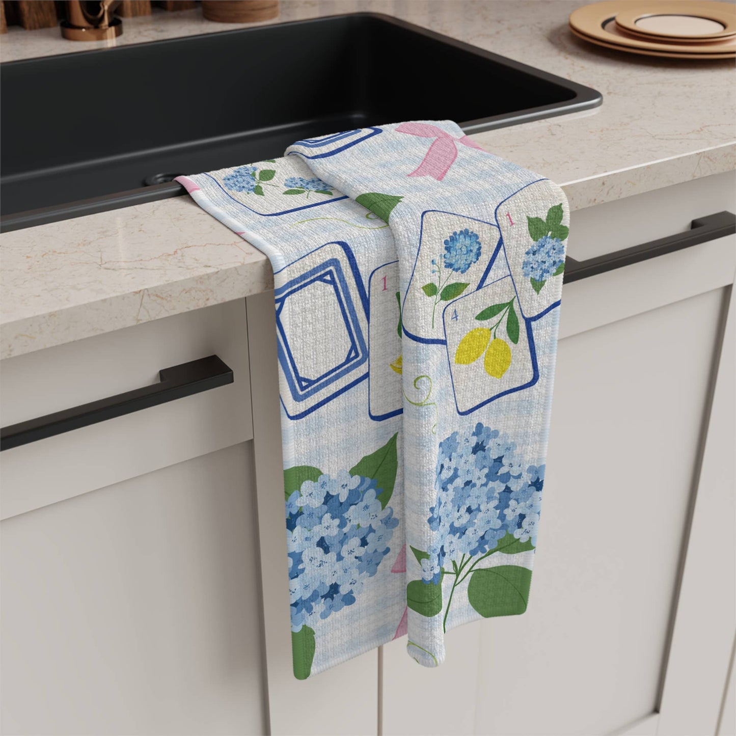 Mahjong Hydrangea Kitchen Towel Mahj Tile Decor Hostess Gift