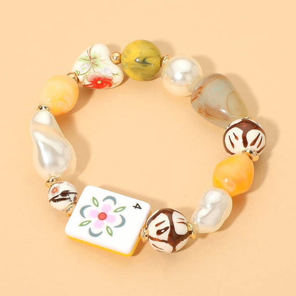 Chunky Decorative Mahjong Charm Pearl Floral Heart Beaded Stretch Bracelet