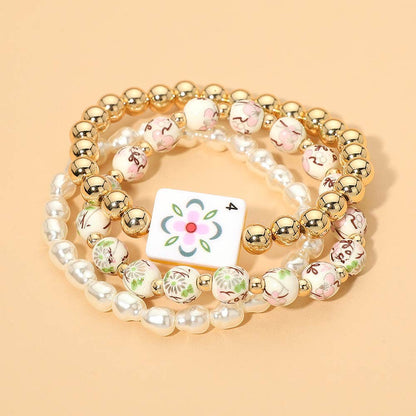 3PCS - Mahjong Charm Accent Floral Pearl Beaded Stretch Multi Layered Bracelets