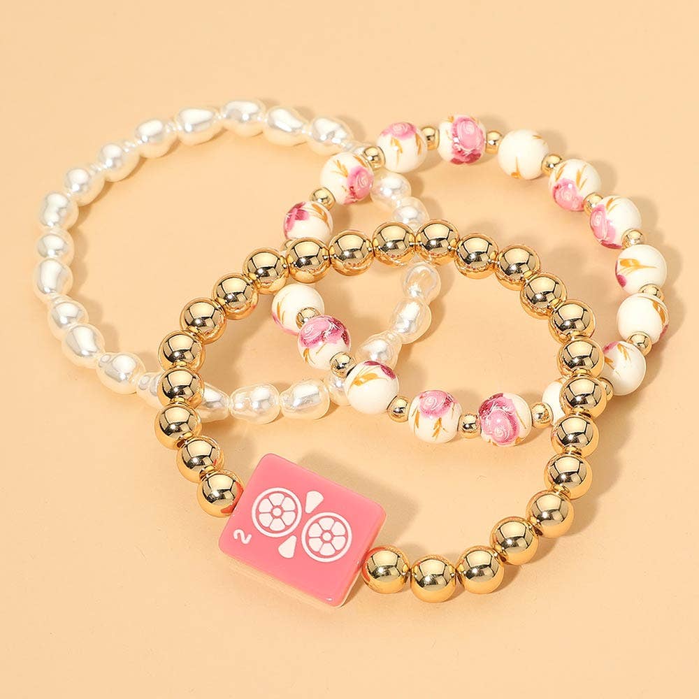 3PCS - Mahjong Charm Accent Floral Pearl Beaded Stretch Multi Layered Bracelets