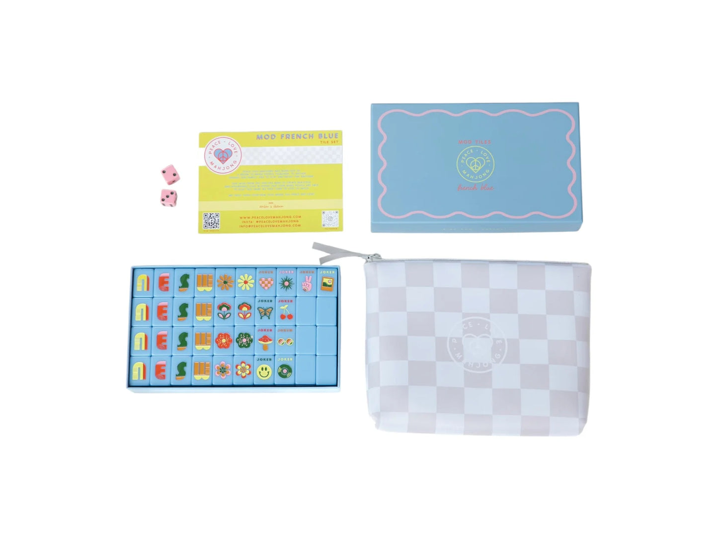 PEACE LOVE MAHJONG - Mod French Blue Mahjong Tiles + Tile Pouch + Dice
