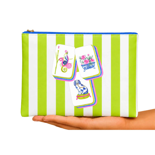 Mahjong Tile Bag mahjong gift | 9"x12"  Lime Stripe leather