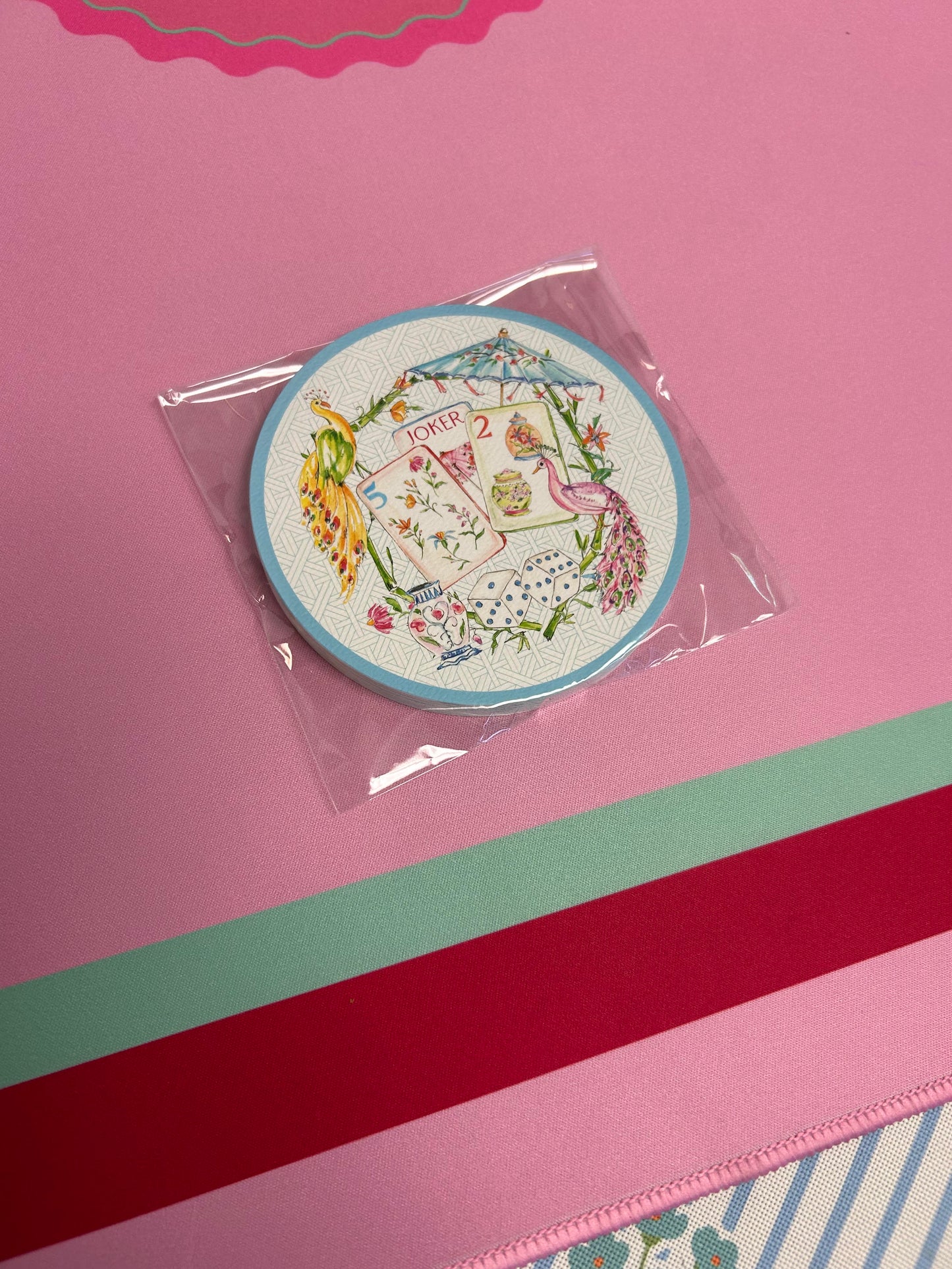REVERSIBLED COASTERS WITH UMBRELLAS, ONE BAM BIRDS AND BLUE DICE